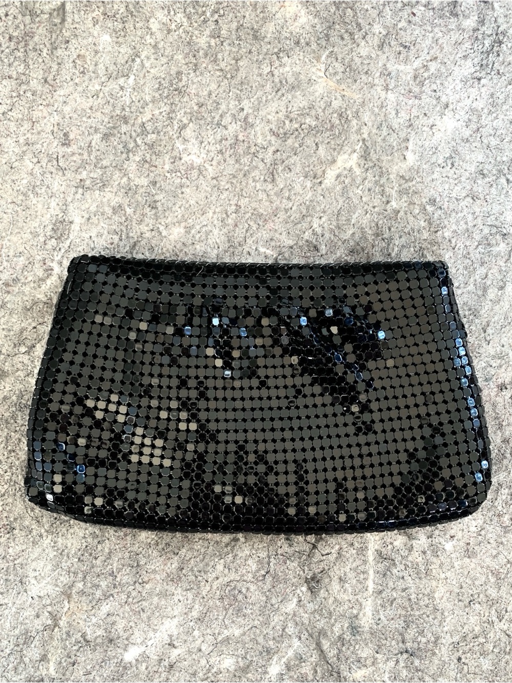 1970s black metal mesh clutch pouch by Allen Edward